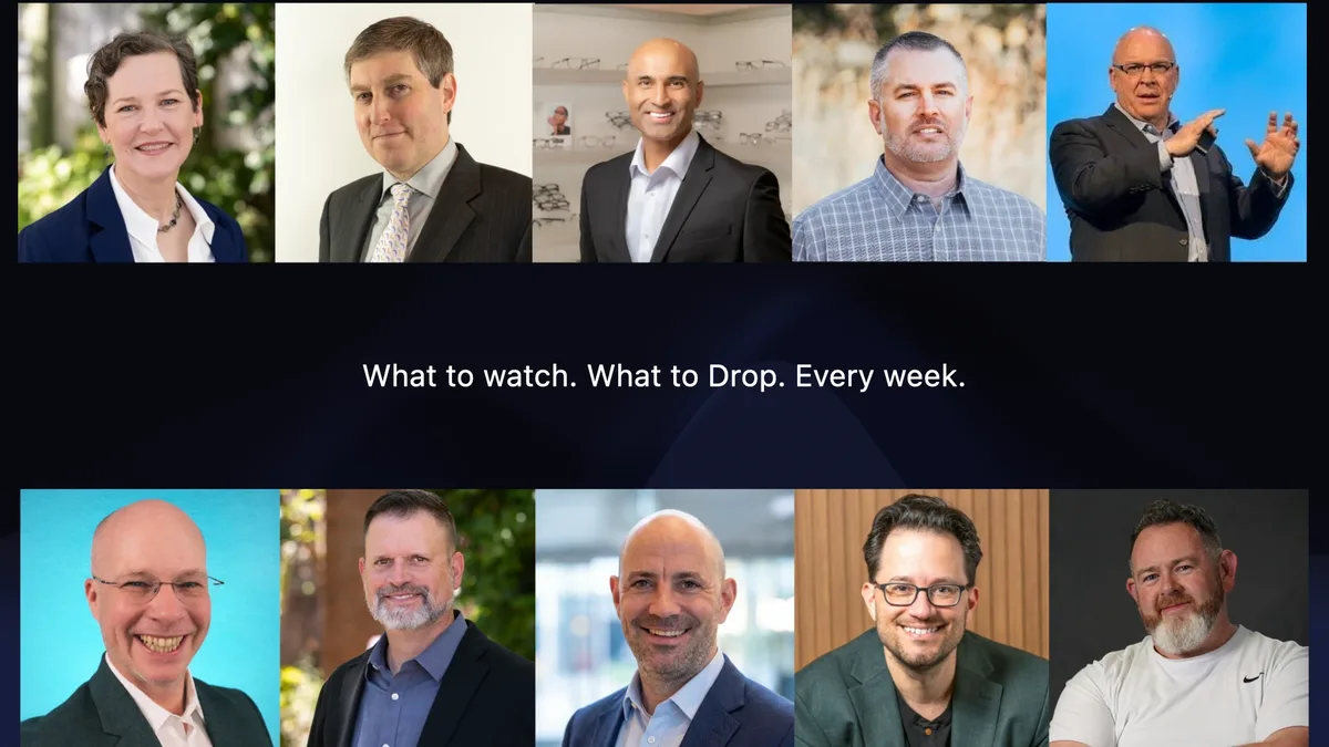 Ten past guests and cohosts of Signals & Subtractions in a grid of headshots, around the line: What to watch for. What to drop now. Every week.