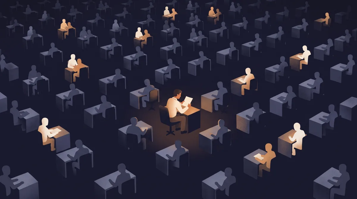 Hundreds of identical desks receding into the dark, each with a seated figure. One figure near the centre is lit warm and fully drawn, reading a single sheet of paper. Scattered through the rest, a small fraction of the others carry the same light. Everyone else sits in shadow