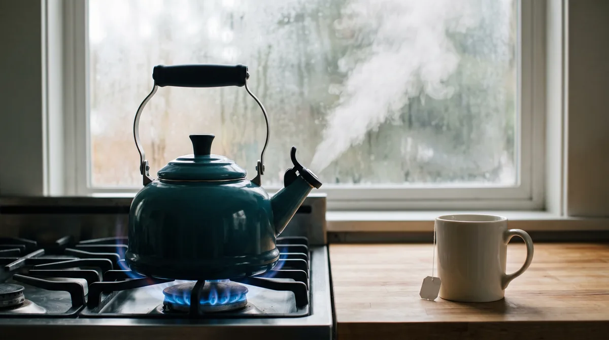 A teal enamel kettle on a lit gas burner, a plume of steam pouring from its spout across a fogged kitchen window, while a white mug with a tea bag waits on the wooden counter beside it