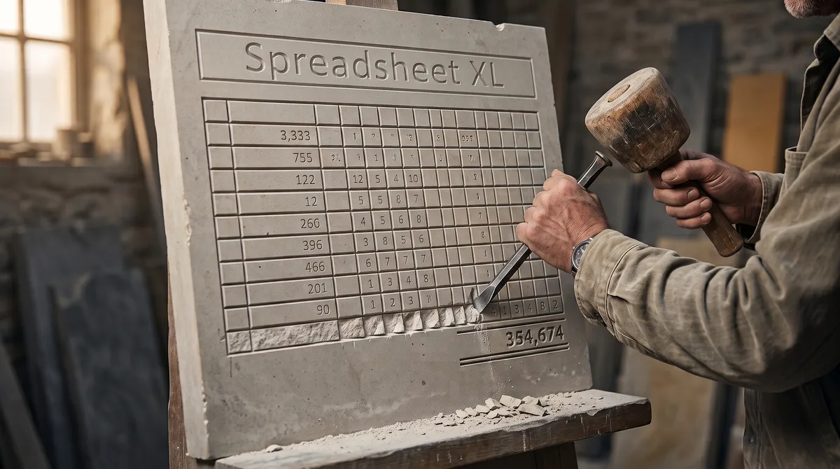 A stonemason's weathered hands drive a steel chisel with a wooden mallet into a pale limestone slab on an easel. Carved into the slab is a spreadsheet: a header box, a grid of ruled rows and columns, a column of figures, and a total of 354,674 between double rules. The mason is cutting a new row into the stone just above the total, with fresh chips falling onto the ledge below. Workshop window light, stone yard in soft focus
