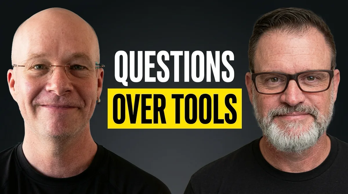 Sam Rogers and Lee Rodrigues side by side against a dark studio background, between them the words "Questions over tools"