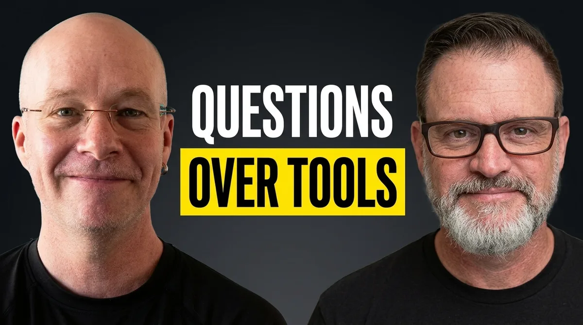 Sam Rogers and Lee Rodrigues side by side against a dark studio background, between them the words "Questions over tools"