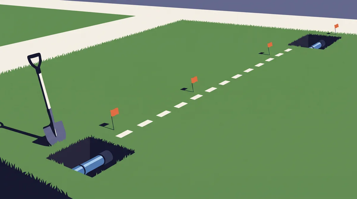 A flat illustration of a green lawn with a small square hole at each end of a dashed white utility line marked with orange survey flags. A shiny new blue pipe shows in both holes, a shovel leans by the near one, and the lawn between them is untouched