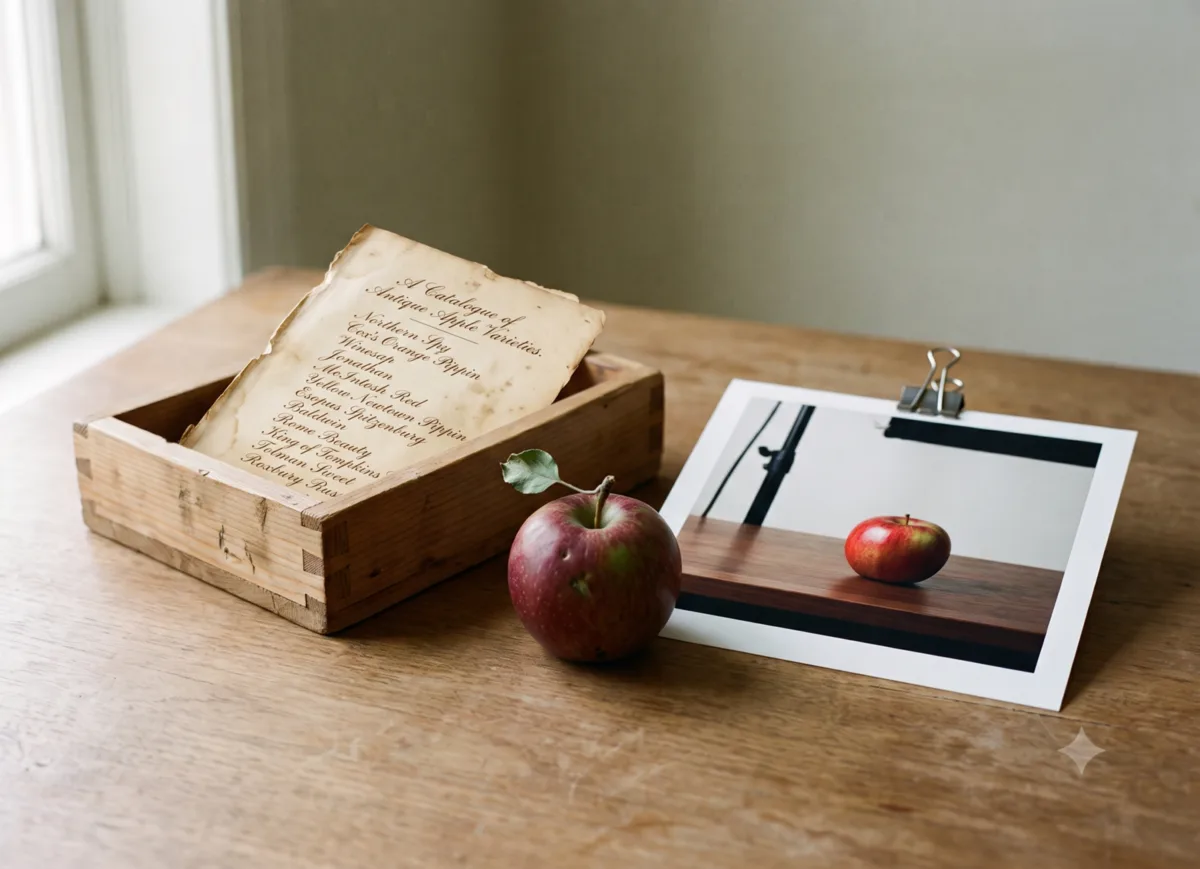 A wooden box holding a catalogue of antique apple varieties, a photographic print of an apple clipped beside it, and one real apple on the table