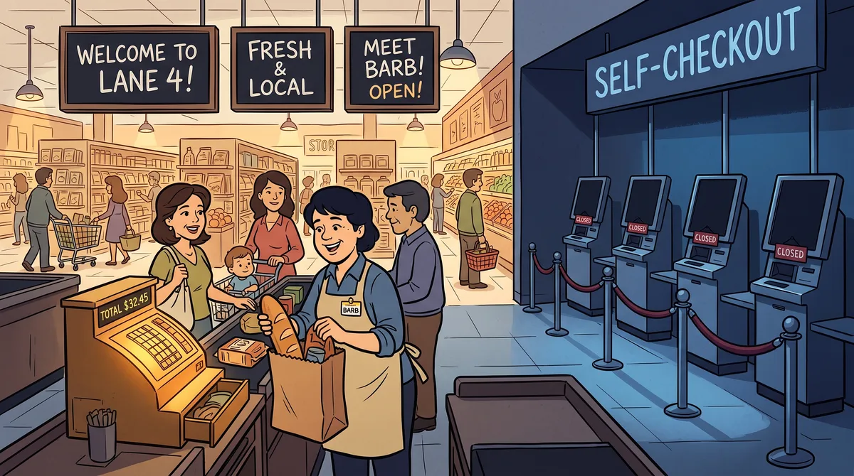 A Trader Joe's checkout lane with a clerk at a staffed register and no self-checkout kiosk in sight