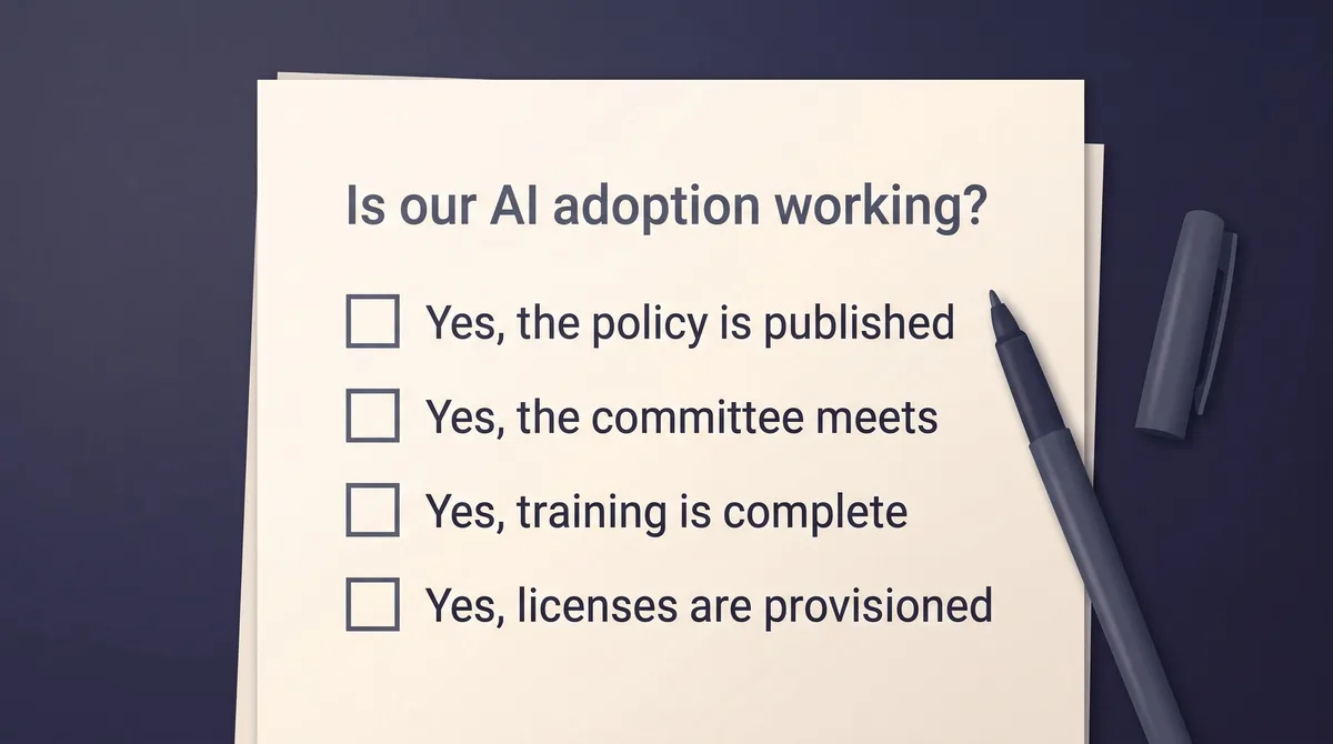 A one-question form headed "Is our AI adoption working?" with four empty tick boxes, and every option beginning with the word Yes: the policy is published, the committee meets, training is complete, licenses are provisioned
