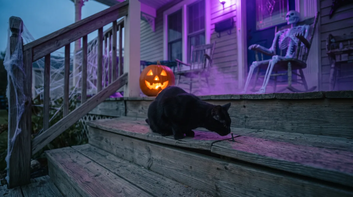 A black cat on weathered wooden porch steps at dusk, nose down at a nail standing proud from a lifted board, while a jack-o'-lantern glows and a skeleton sits in a rocking chair in purple light behind it