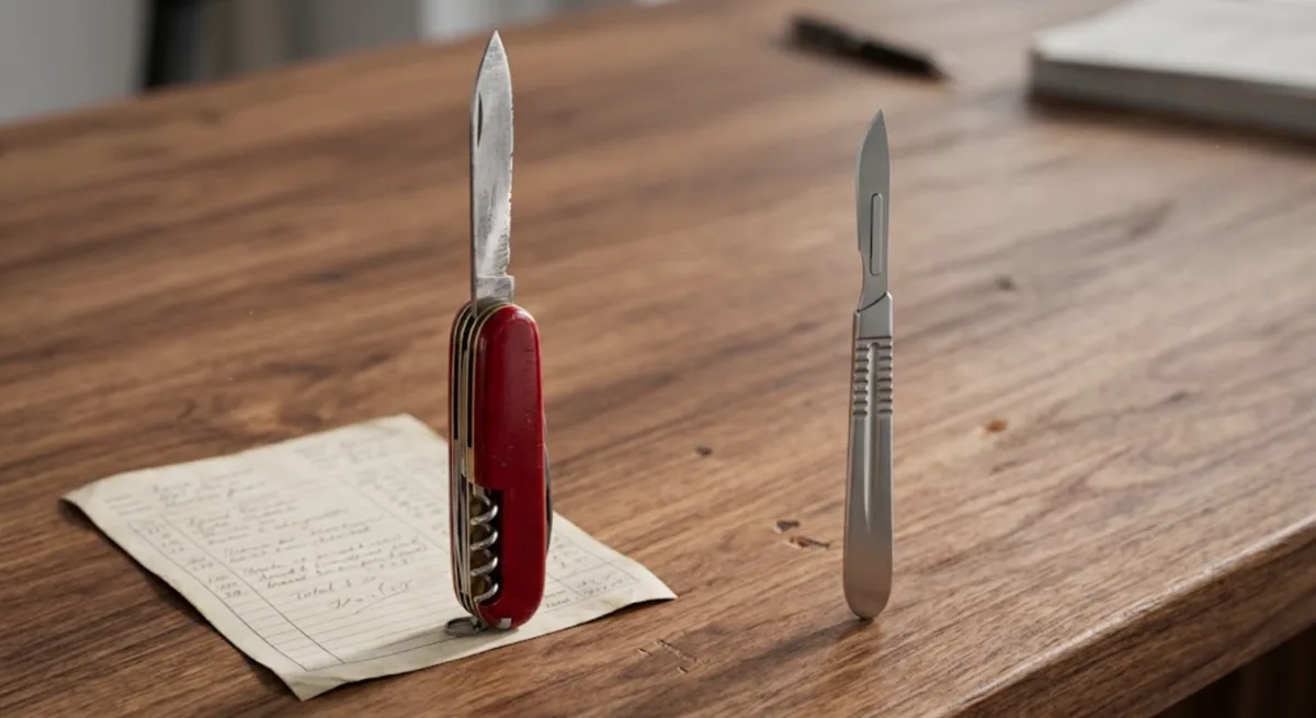 A red Swiss Army knife standing upright on a desk with a single worn blade open and every other tool folded away, resting on a handwritten invoice, and beside it a surgical scalpel standing alone with no paperwork at all