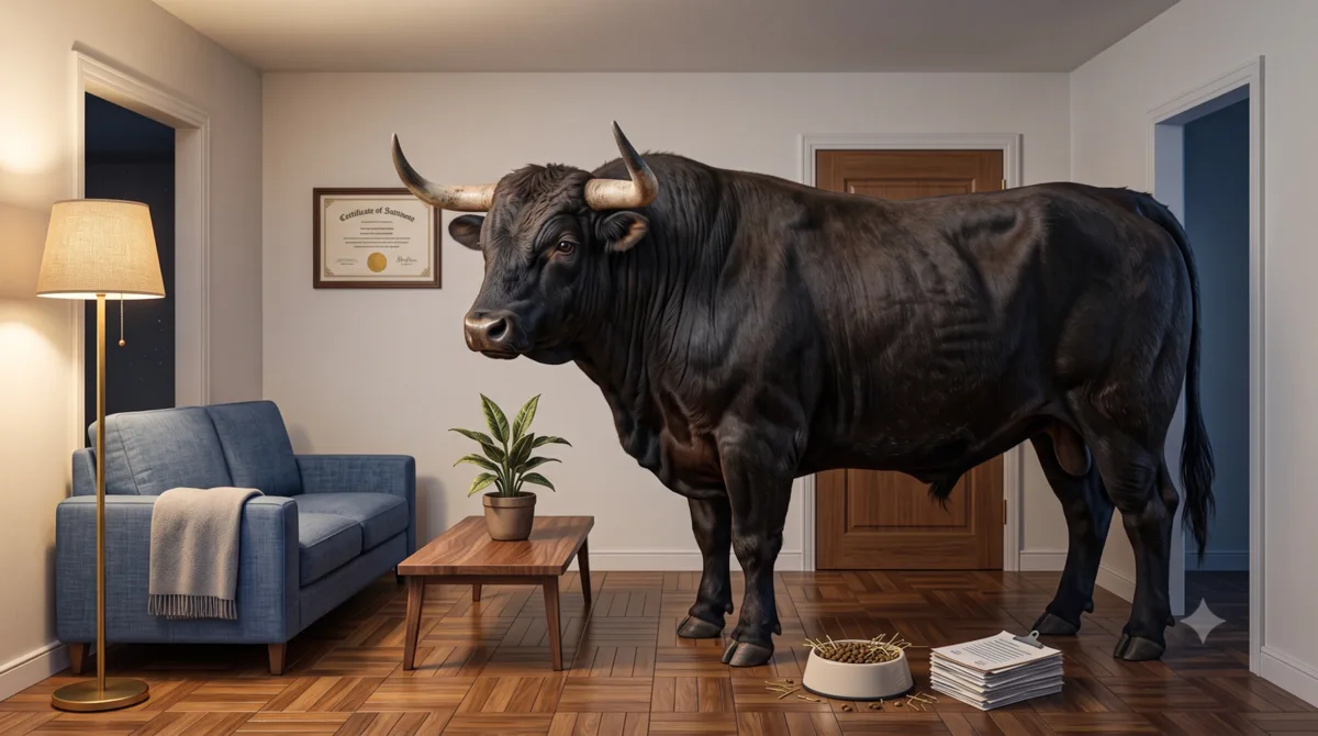 A full-grown bull standing calmly in a small tidy apartment living room, feed bowl on the parquet, framed certificate on the wall behind it