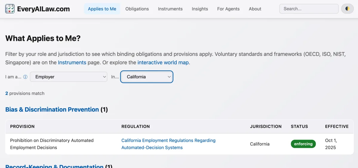 The EveryAILaw applicability view: every AI law in force, filtered to the ones that reach you