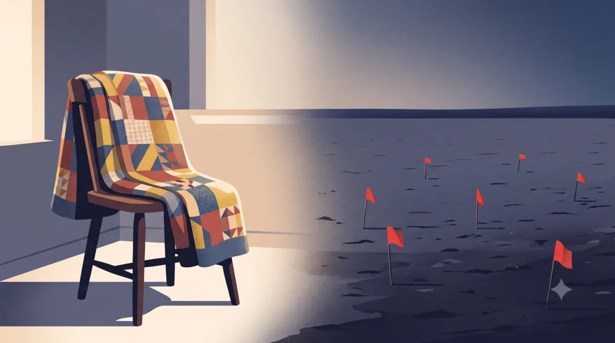 A warm patchwork quilt draped over a chair on one side, and on the other a bare field with scattered warning flags and no path marked
