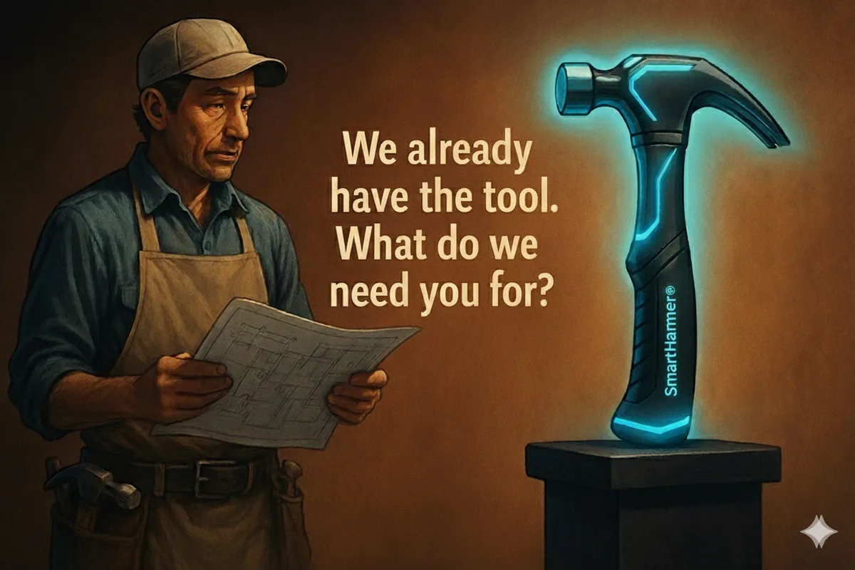 Carpenter looks sadly at his replacement, a SmartHammer, with the quote "We already have the tool. What do we need you for?"