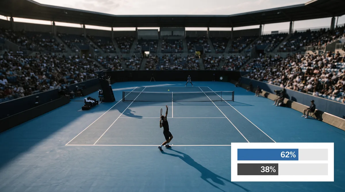 A tennis match in a full stadium in late-afternoon light, seen from high behind the near baseline on a blue hard court. The near player is mid-serve, ball tossed, a long shadow stretching behind him; his opponent waits at the far baseline. In the lower right corner, a plain white broadcast panel shows two unlabeled bars, one blue reading 62% and one grey reading 38%. No logos or names