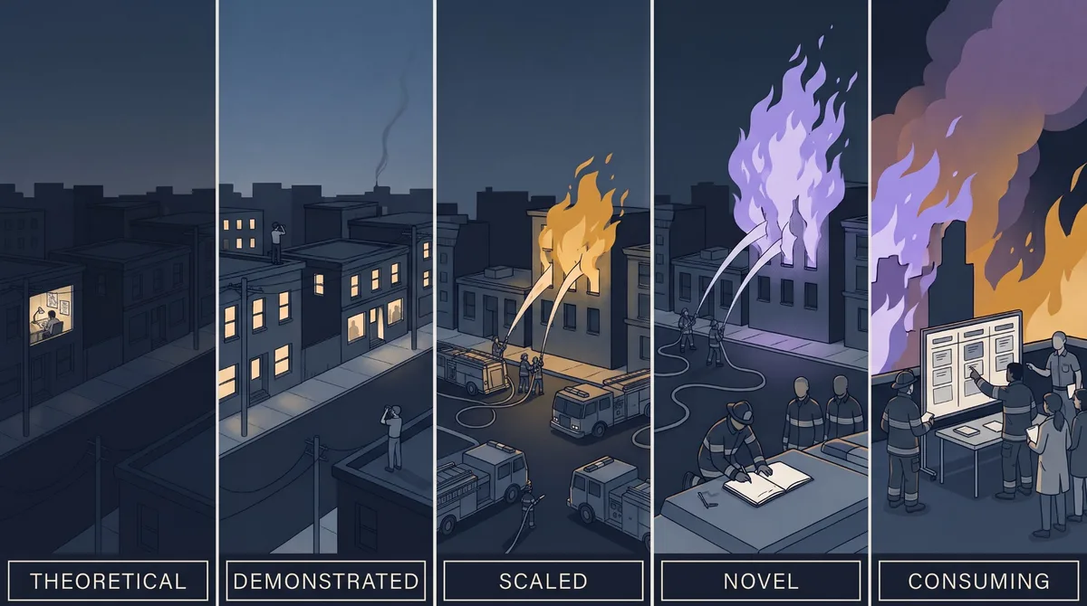 Five panels of one city block at dusk, labelled theoretical, demonstrated, scaled, novel and consuming: one lit window where someone sketches an idea; a lookout watching a thin thread of smoke; an orange fire that hoses are putting out; a violet fire the water does nothing to while a firefighter writes in a blank notebook; and fire close by while a team triages at a board with outsiders joining them.
