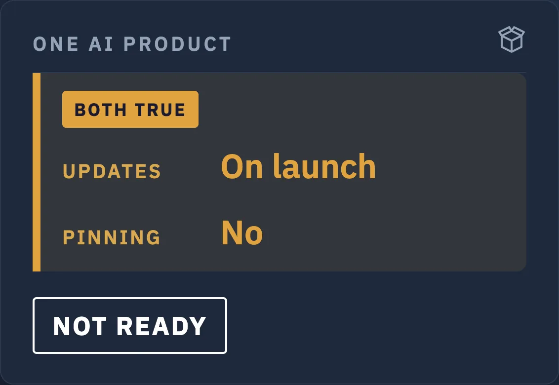The Vendor Update Card's filled panel: updates arrive automatically on launch and the version can't be pinned, and the stamp reads not ready.